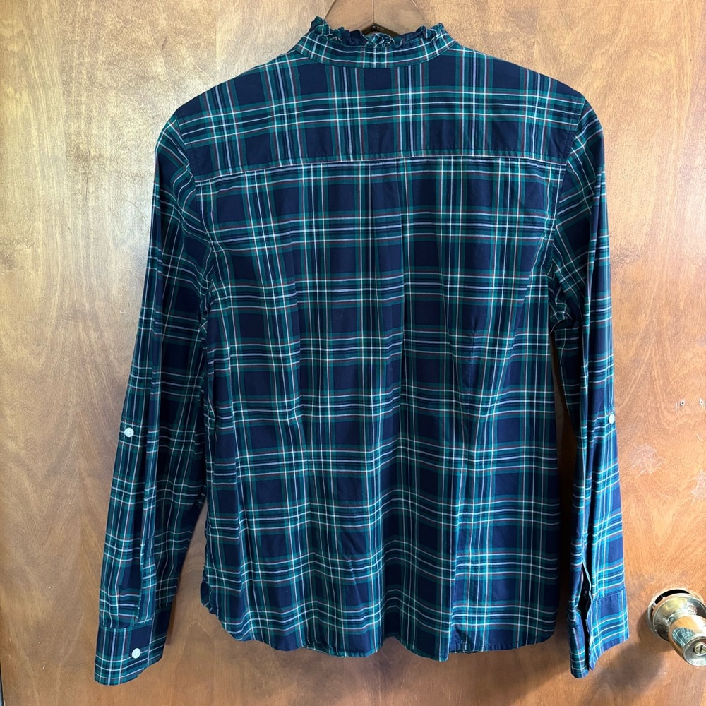 Talbots Green Blue Plaid Button Down Blouse Top 12 Ruffle High Neck Modest Fall - Picture 2 of 15